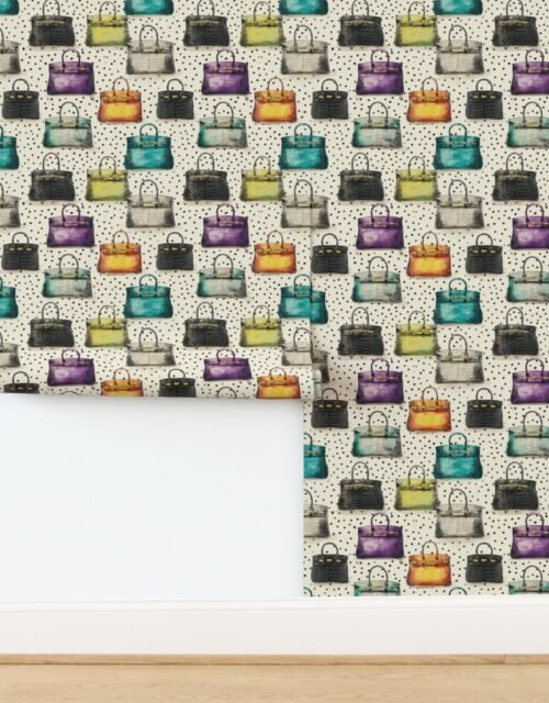 Colorful Crocodile Handbags on Speckled Cream Background Wallpaper