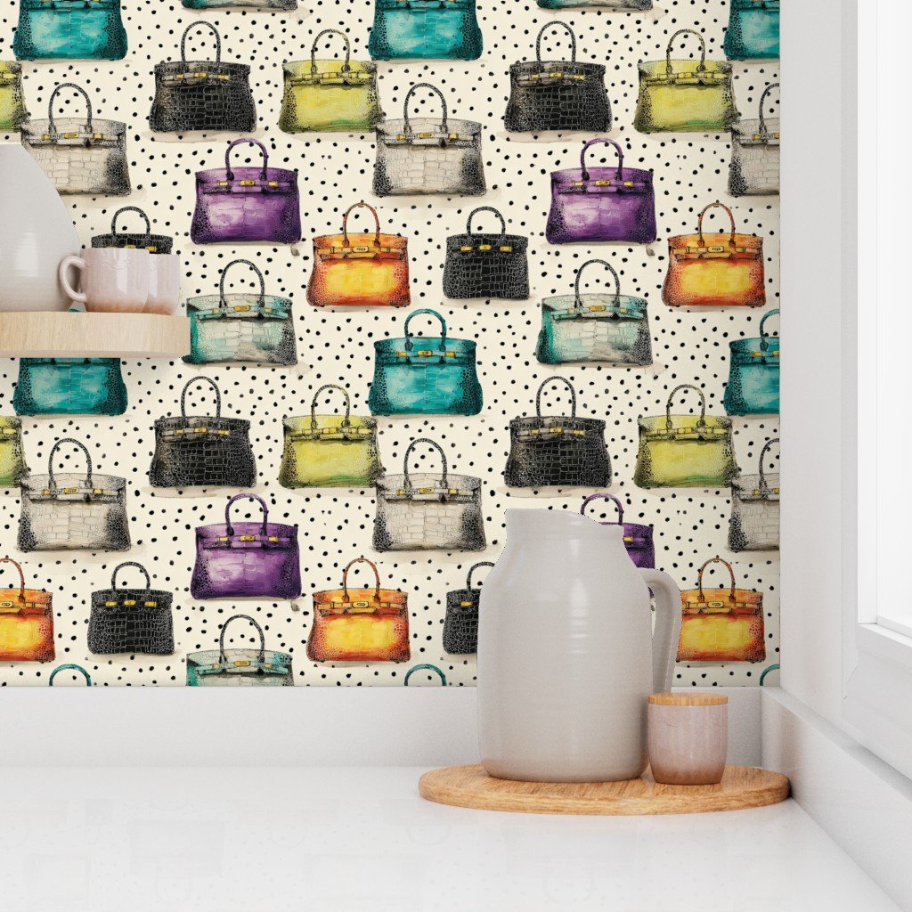 Colorful Crocodile Handbags on Speckled Cream Background Wallpaper