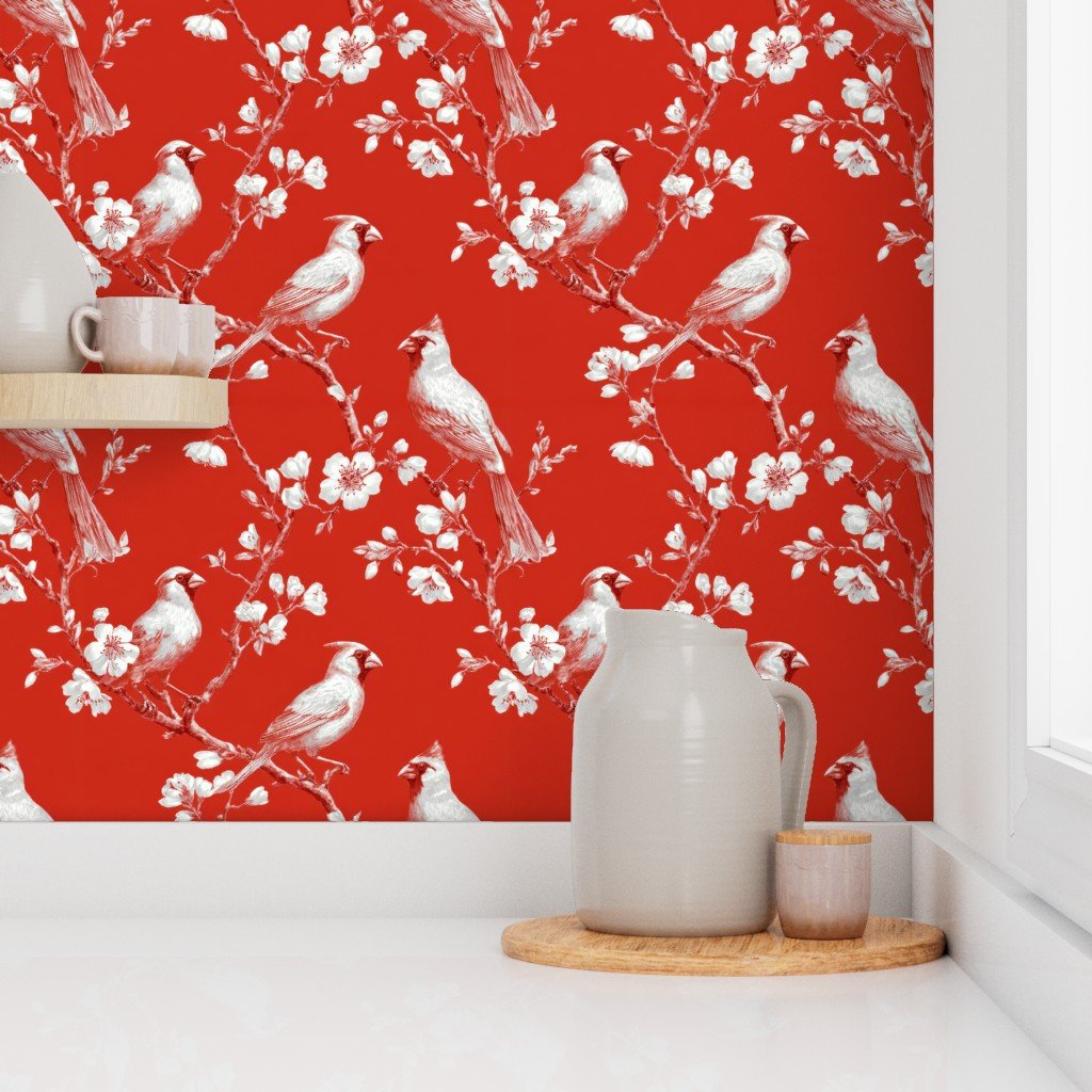 Crimson Orchard Cardinal Toile Botanical Bird Pattern Wallpaper