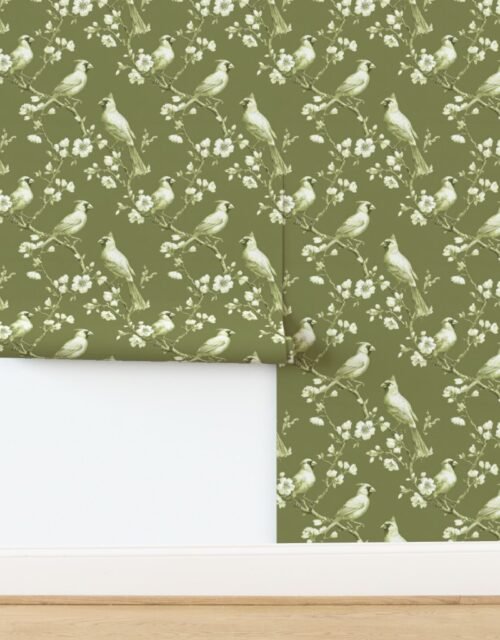Sage Orchard Cardinal Toile Botanical Bird Pattern Wallpaper