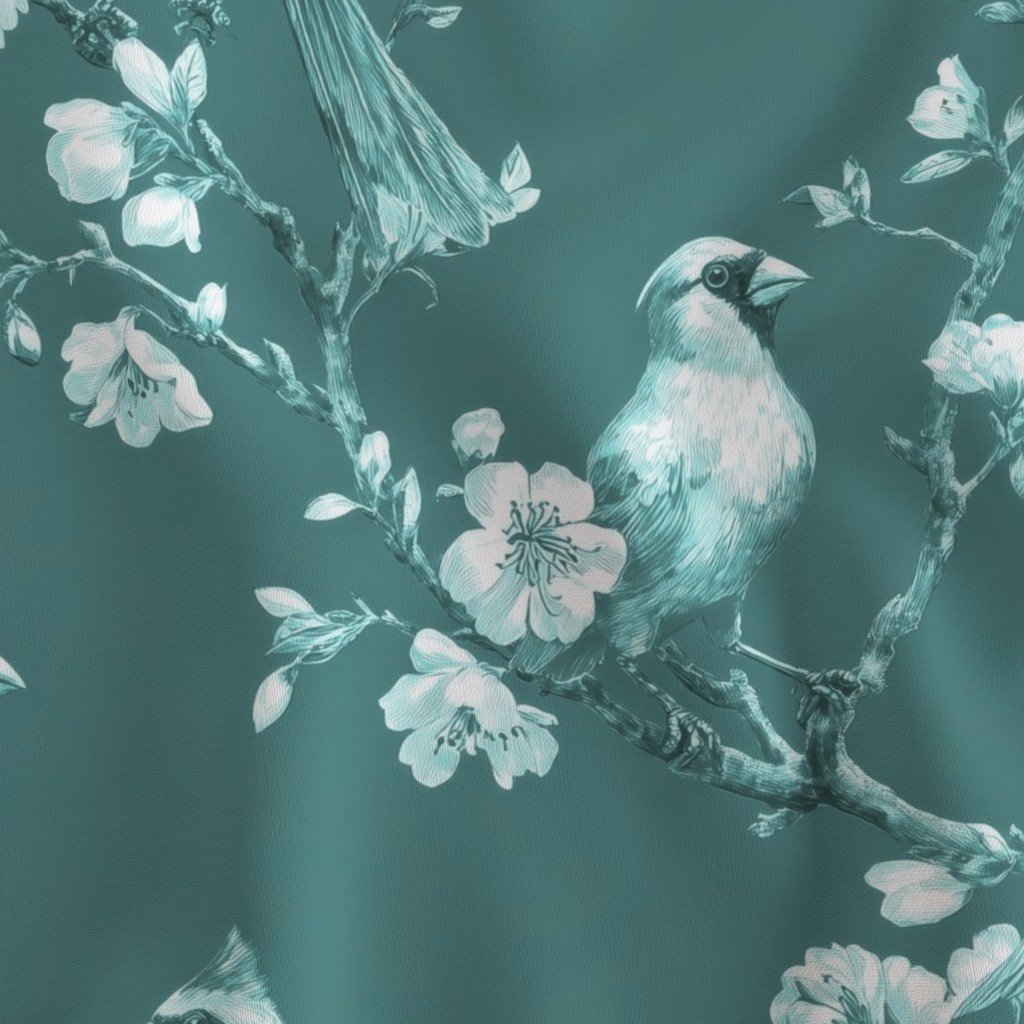 Dusty Teal Orchard Cardinal Toile Botanical Bird Pattern