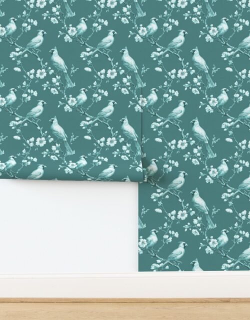 Dusty Teal Orchard Cardinal Toile Botanical Bird Pattern Wallpaper