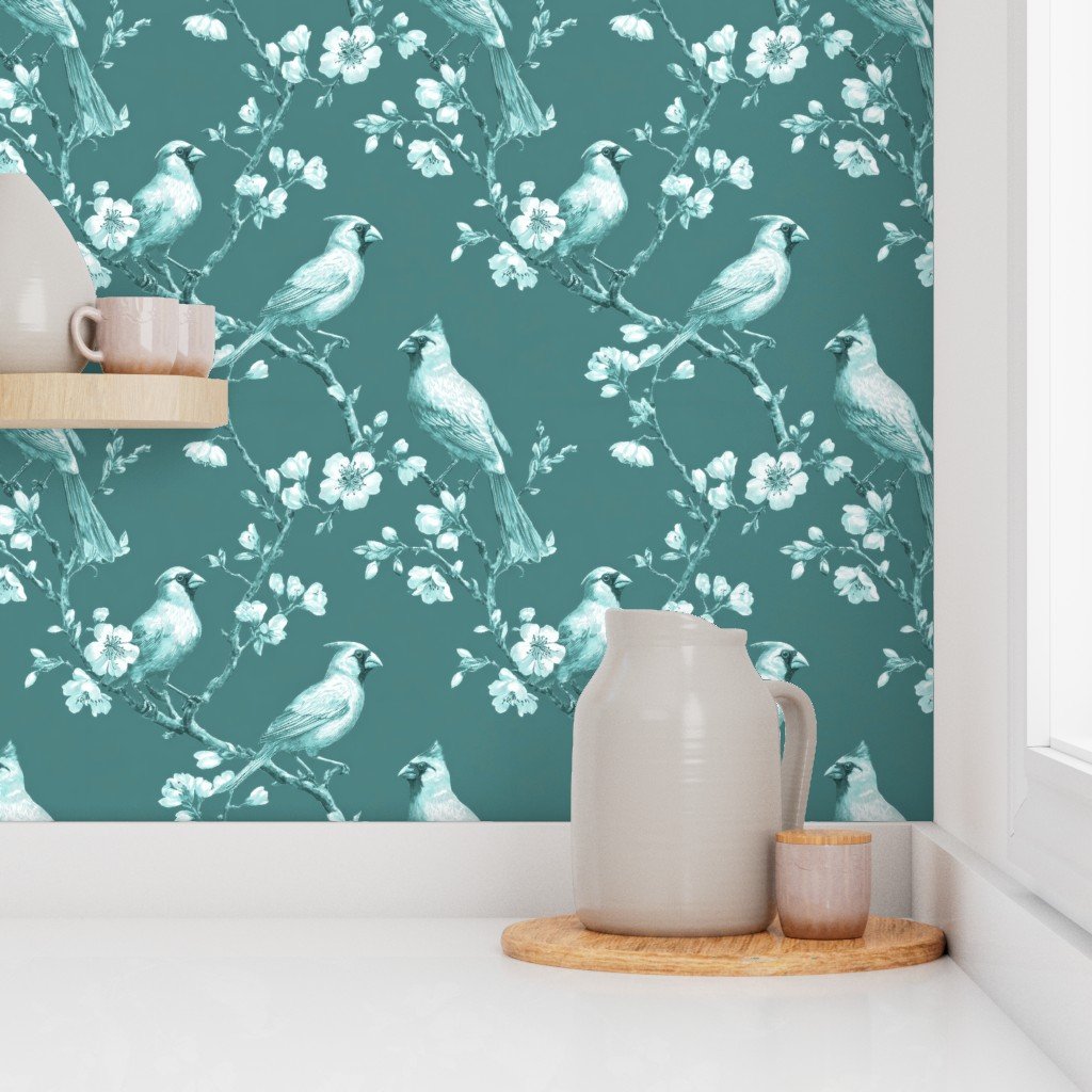 Dusty Teal Orchard Cardinal Toile Botanical Bird Pattern Wallpaper