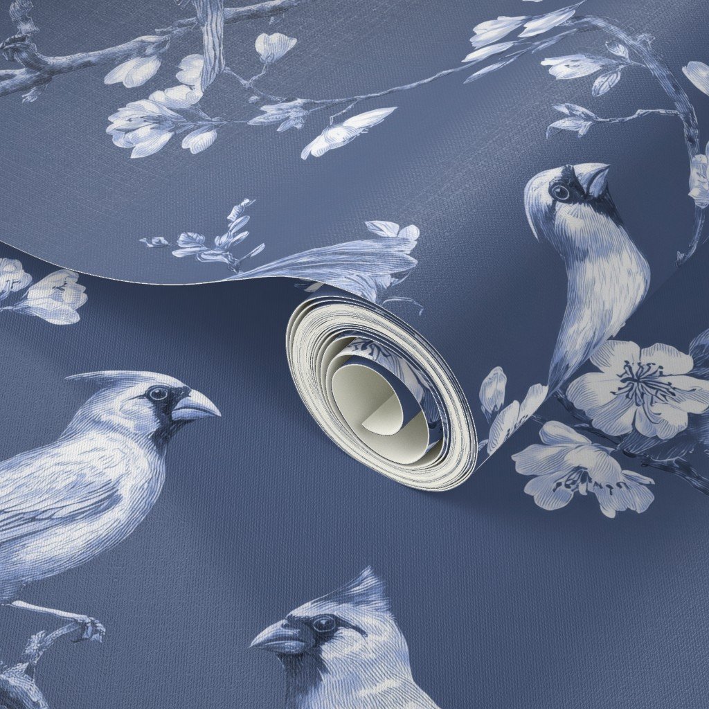 Heritage Blue Orchard Cardinal Toile Botanical Bird Pattern Wallpaper Heritage Blue Orchard Cardinal Toile Botanical Bird Pattern Wallpaper - Image 3