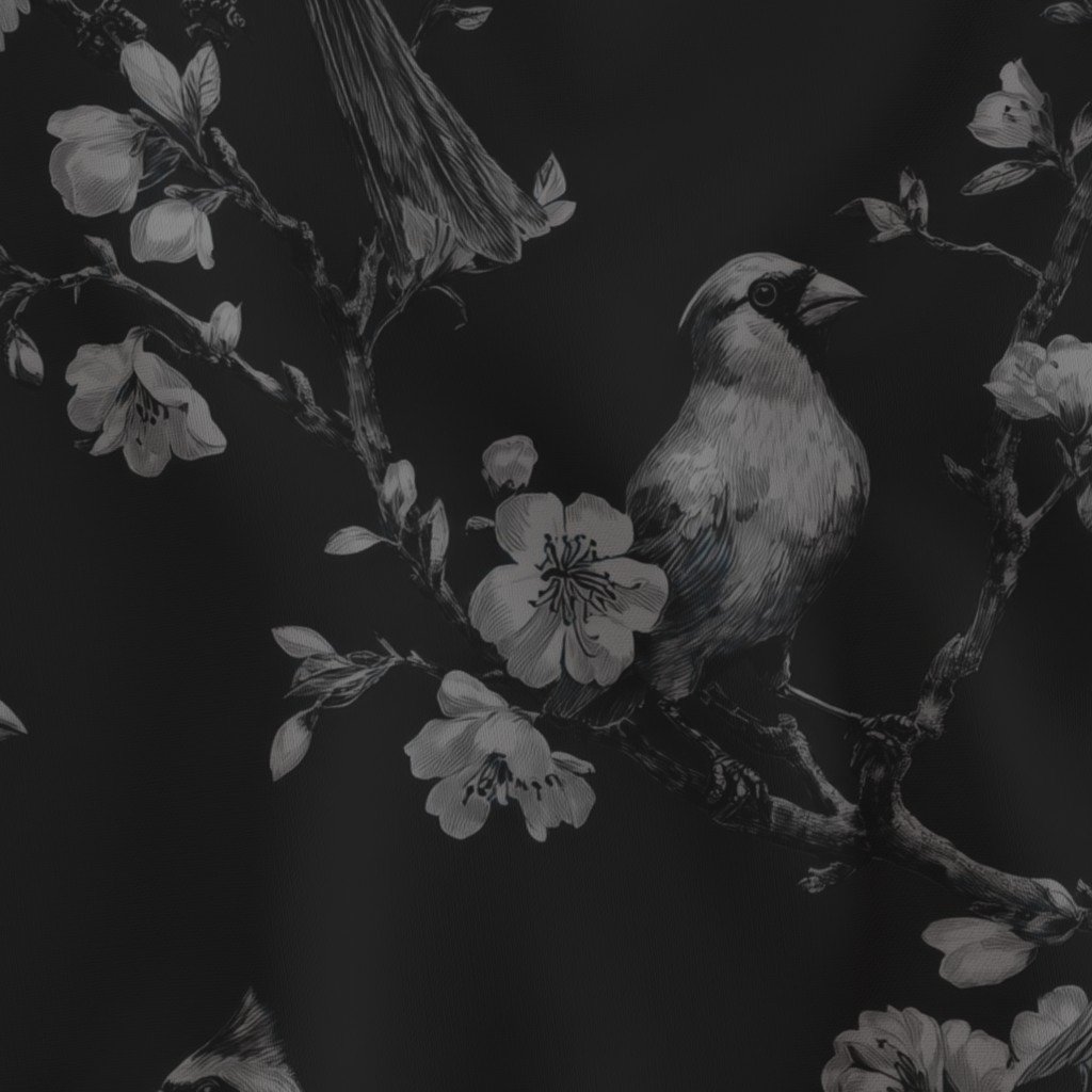 Midnight Black Orchard Cardinal Toile Botanical Bird Pattern