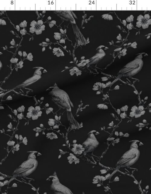 Midnight Black Orchard Cardinal Toile Botanical Bird Pattern