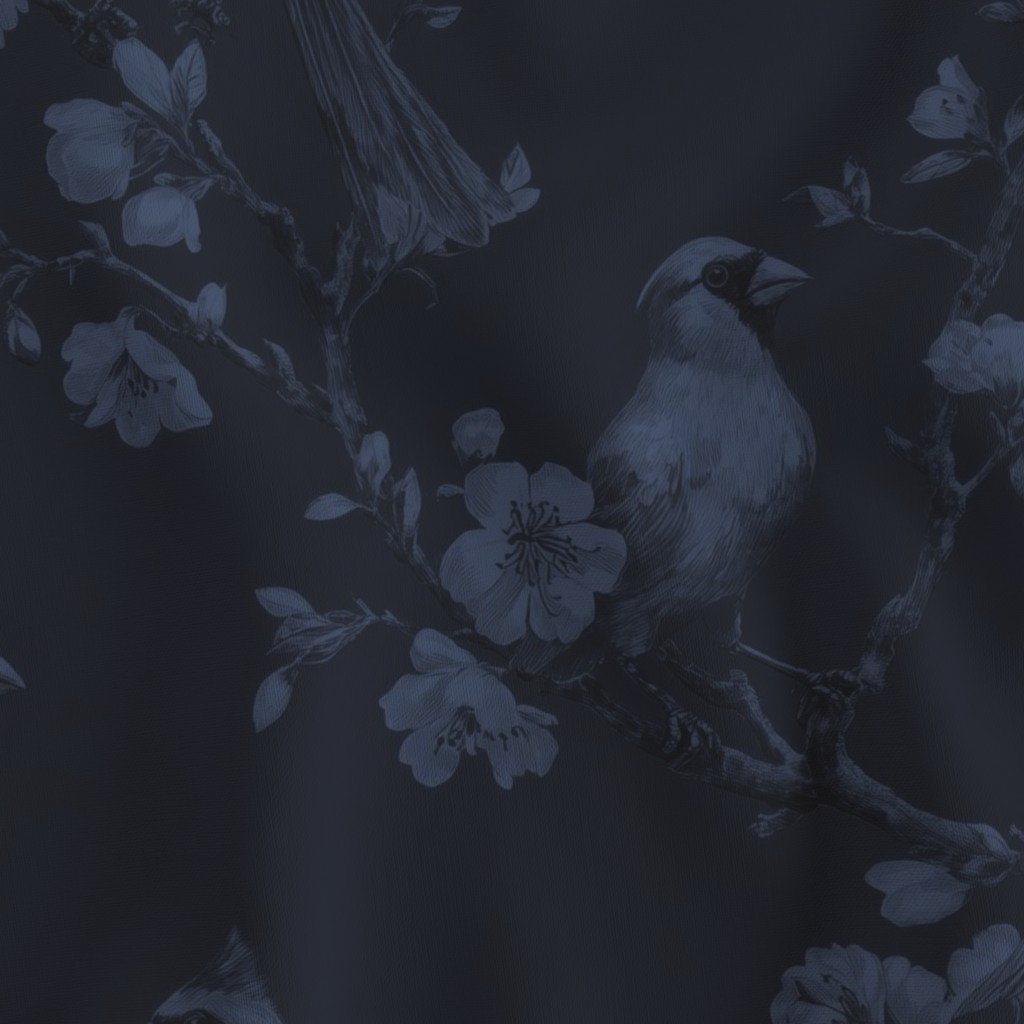 Deep Navy Orchard Cardinal Toile Botanical Bird Pattern