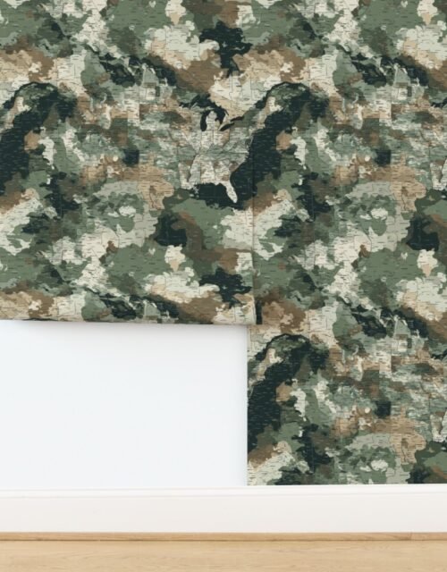 USA State Outline Camouflage Map Design in Earth Tone Green and Sand Wallpaper