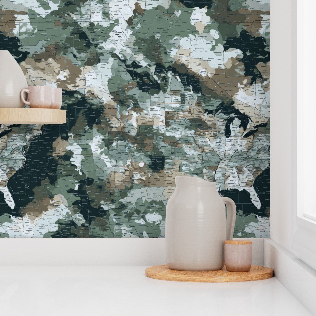USA State Outline Camouflage in Sage Green and Slate Wallpaper