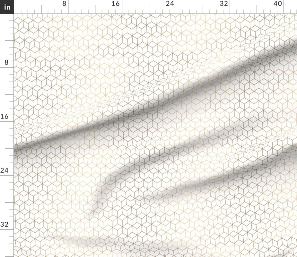 Small White and Faux Metallic Gold Art Deco 3D Geometric Cubes Fabric design