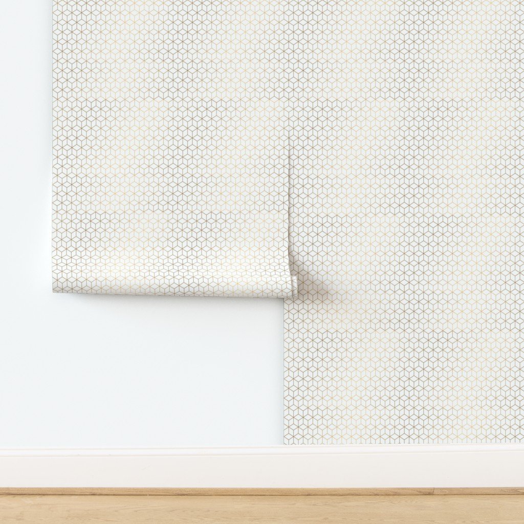 Small White and Faux Metallic Gold Art Deco 3D Geometric Cubes Wallpape design