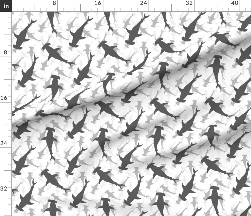Hammerhead Sharks in Grey Silhouette Circling on White Fabric design