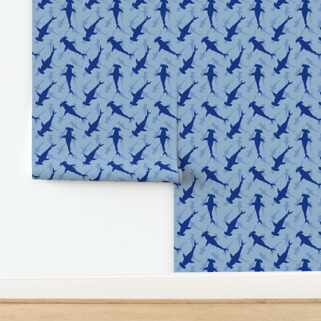 Dark Hammerhead Sharks Silhouette Circling in Sky Blue Water Wallpape design