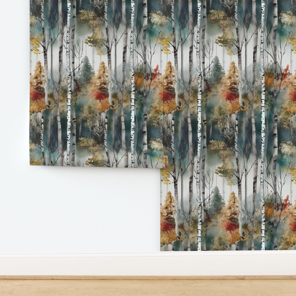 Endless Birch Tree Dreamscape Trees in Misty Forest Watercolor Wallpa design