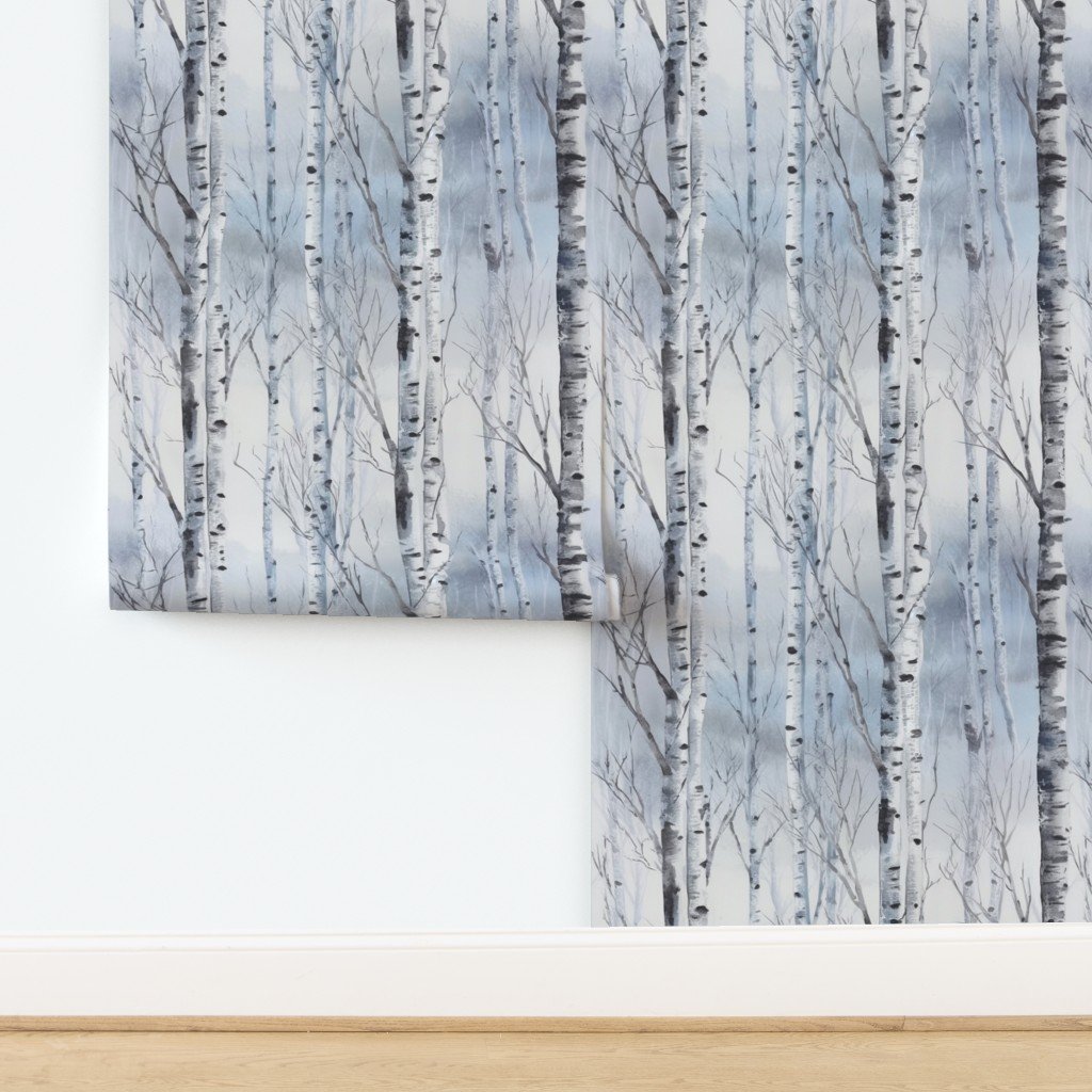 Endless Silver Birch Tree Dreamscape Trees in Misty Forest Watercolor design