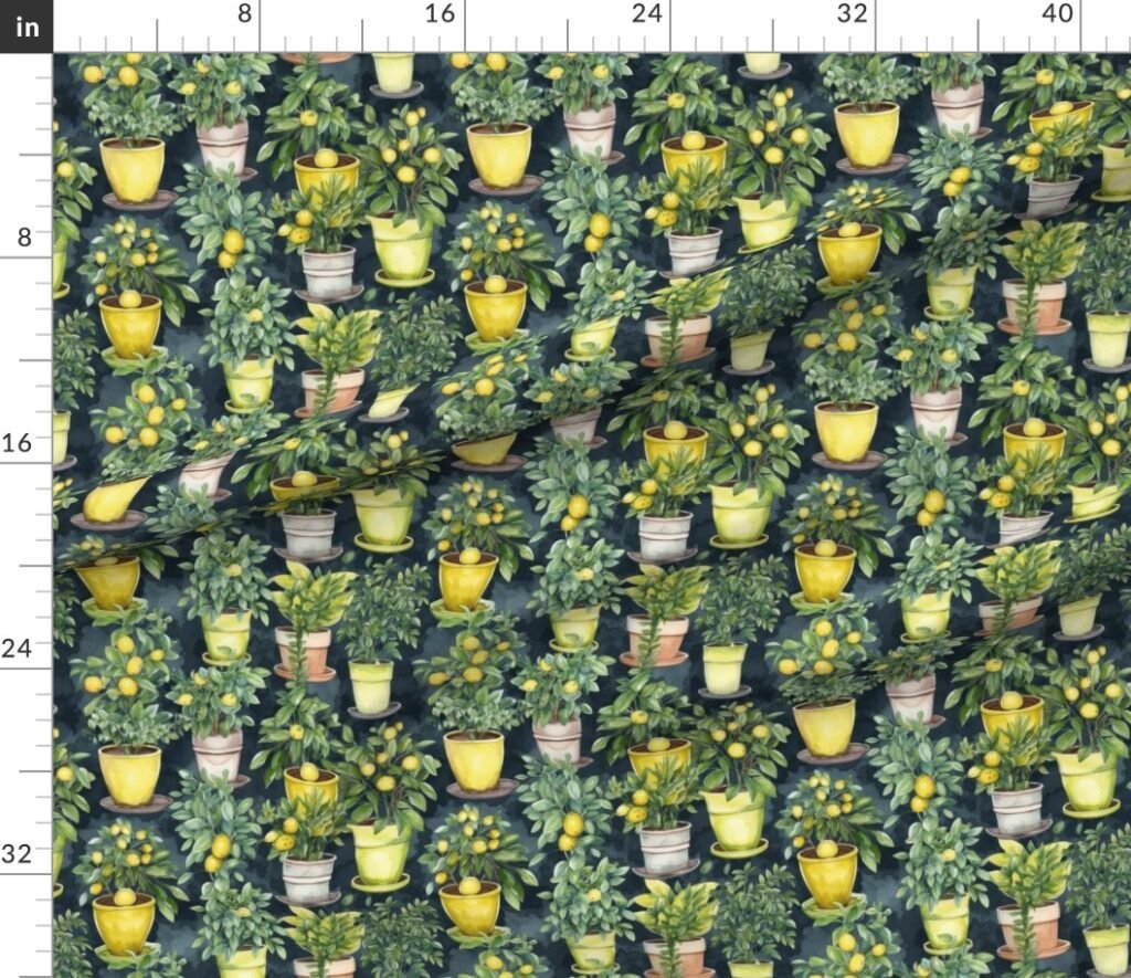 Potted Lemon Trees Watercolor on Dark Green Fabric design