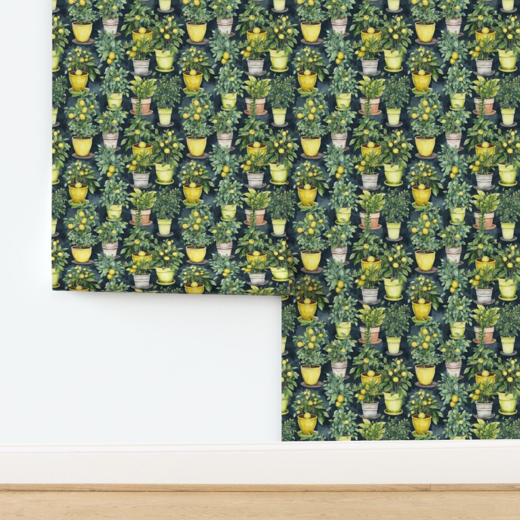 Potted Lemon Trees Watercolor on Dark Green Wallpaper design