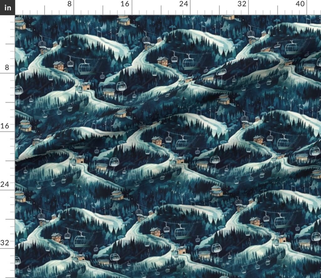 Vintage Ski Slope Cabins in Night Woods Blue Fabric design