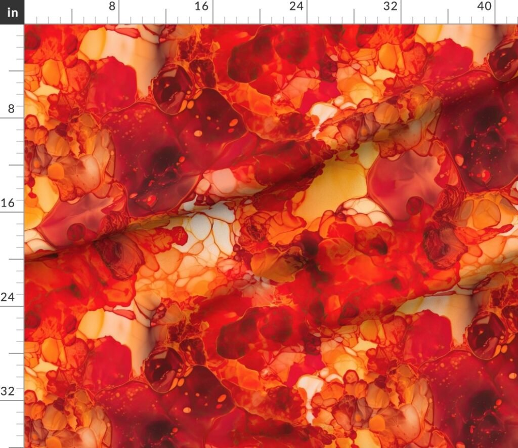 Sunset Orange and Red with Rose Gold Alcohol Ink Liquid Swirls Fabric design
