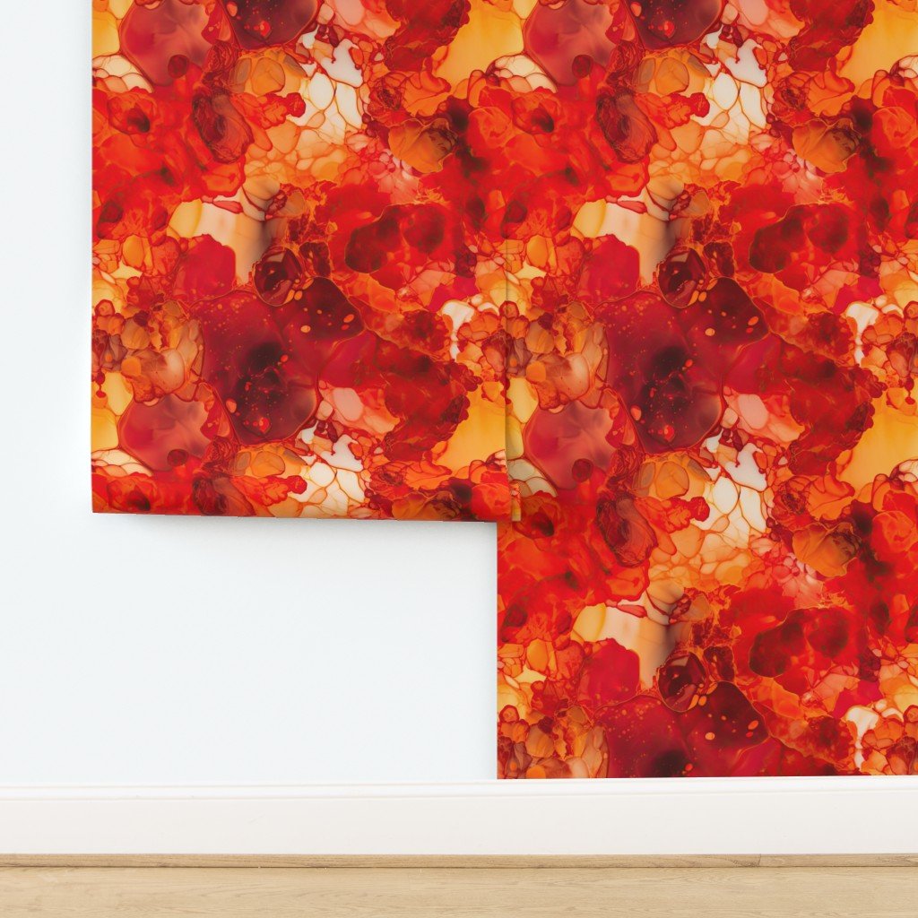 Sunset Orange and Red with Rose Gold Alcohol Ink Liquid Swirls Wallpape design