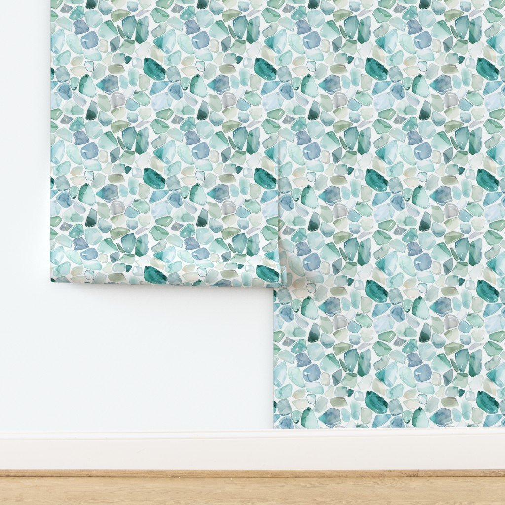 Blue and Aqua Shards of Tumbled and Scattered Watercolor Seaglass Wall Wallpaper design