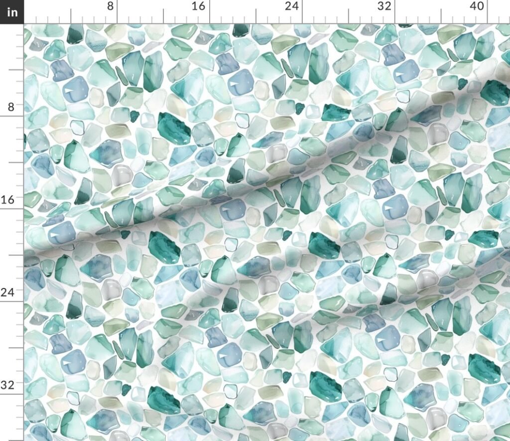 Blue and Aqua Shards of Tumbled and Scattered Watercolor Seaglass Fabr Fabric design