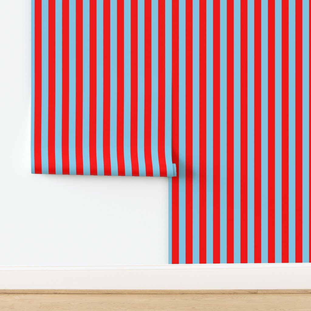 Bold Coastal Classic Red and Sky Blue Cabana Tent Stripe Wallpaper design