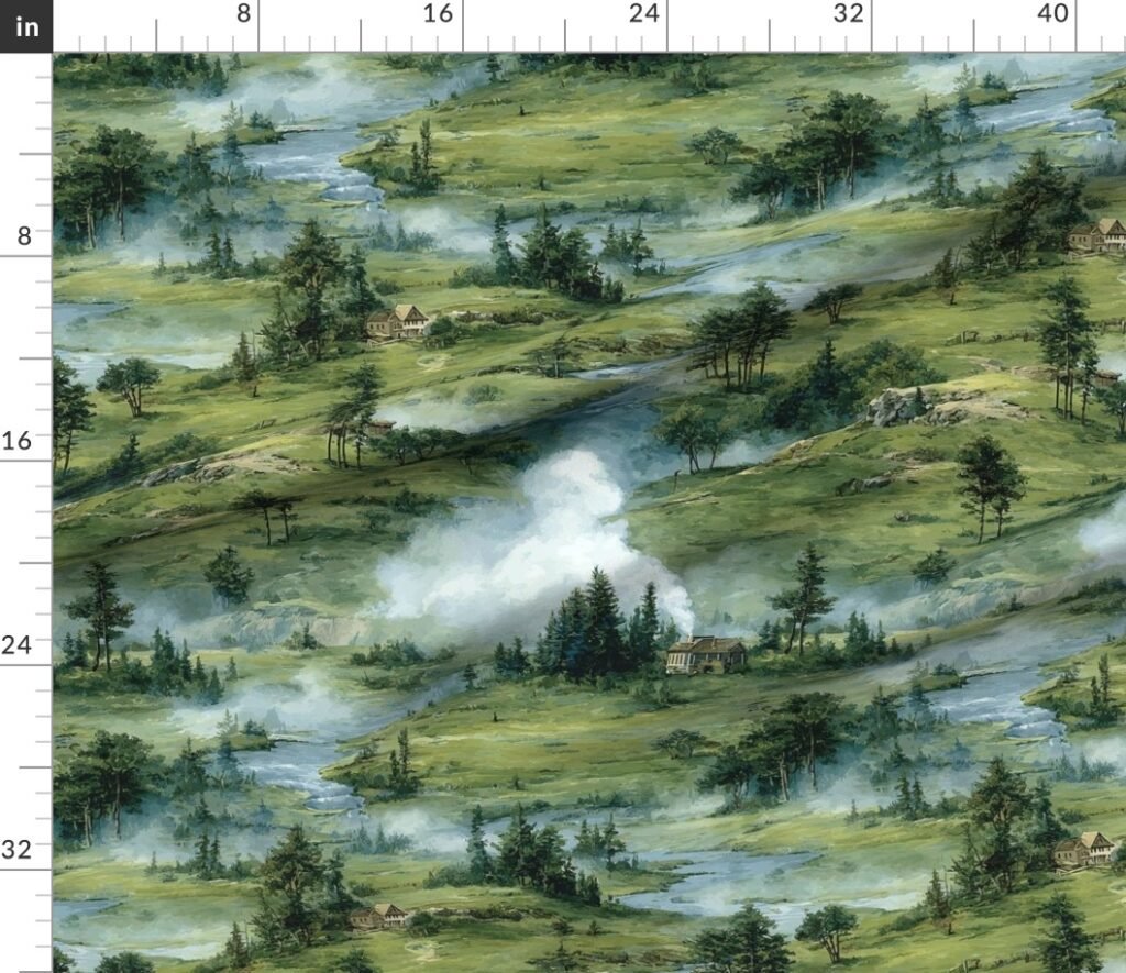 Yellowstone National Park Spring Watercolor Geyser Landscape Fabric design