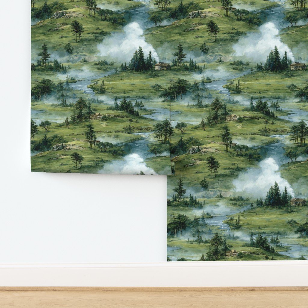 Yellowstone National Park Spring Watercolor Geyser Landscape Wallpaper design