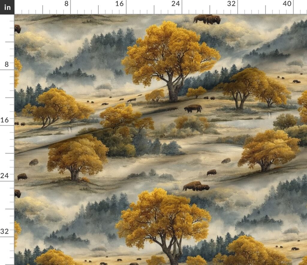 Yellowstone National Park Autumn Watercolor Bison Landscape Fabric design