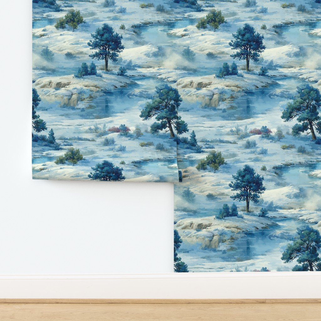 Yellowstone National Park Winter Christmas Watercolor Landscape Wal Wallpaper design