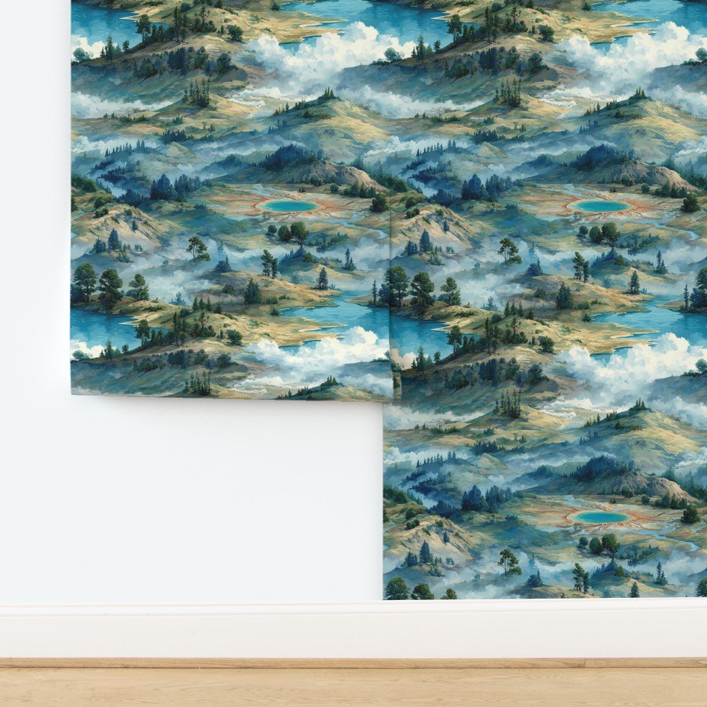 Yellowstone National Park Summer Watercolor Hot Spring Landscape Wal Wallpaper design