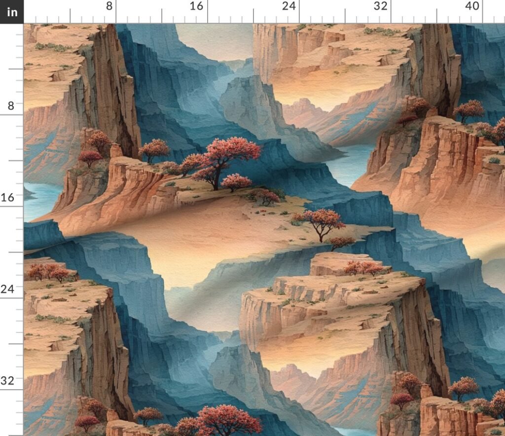 Spring Blossoms Over the Grand Canyon Watercolor Landscape Fabric design