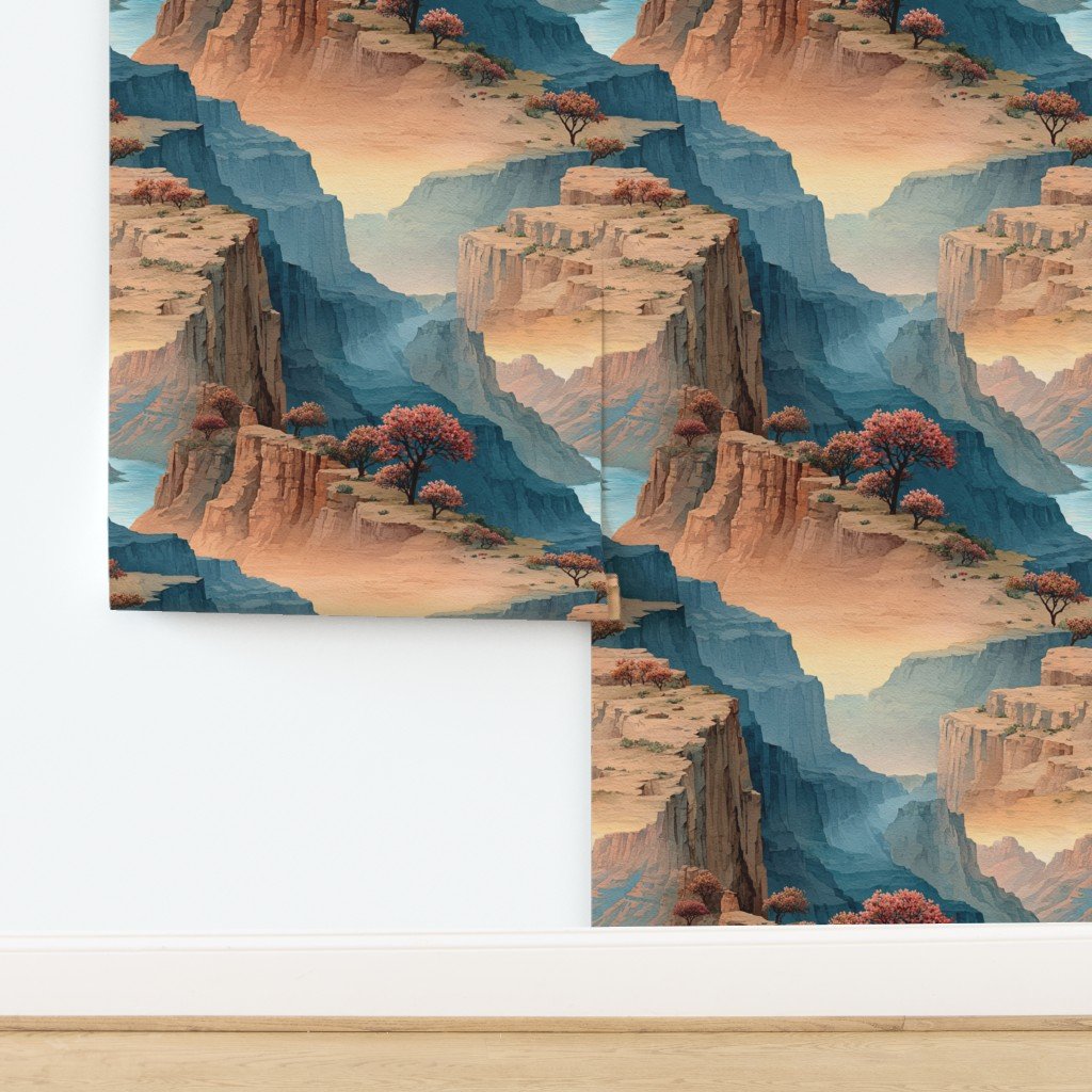 Spring Blossoms Over the Grand Canyon Watercolor Landscape Wallpaper design
