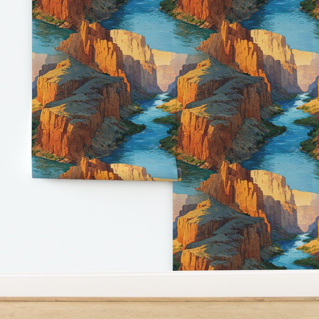 Summer Sun Over the Grand Canyon Watercolor Landscape Wallpaper design