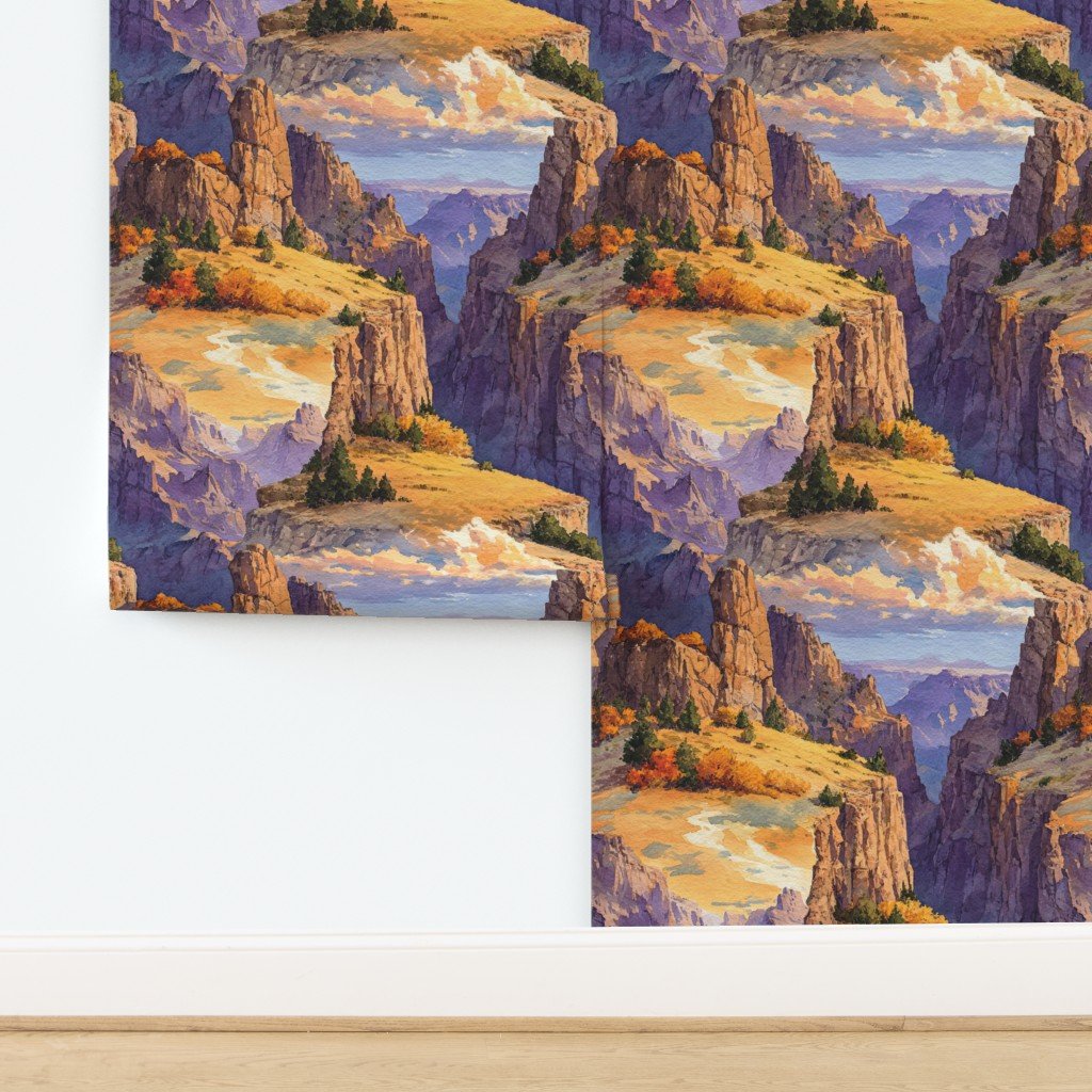 Autumn Glow Over the Grand Canyon Watercolor Landscape Wallpaper design