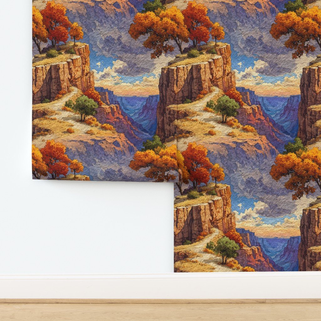 Autumn Glow Over the Grand Canyon Watercolor Landscape Wallpaper design