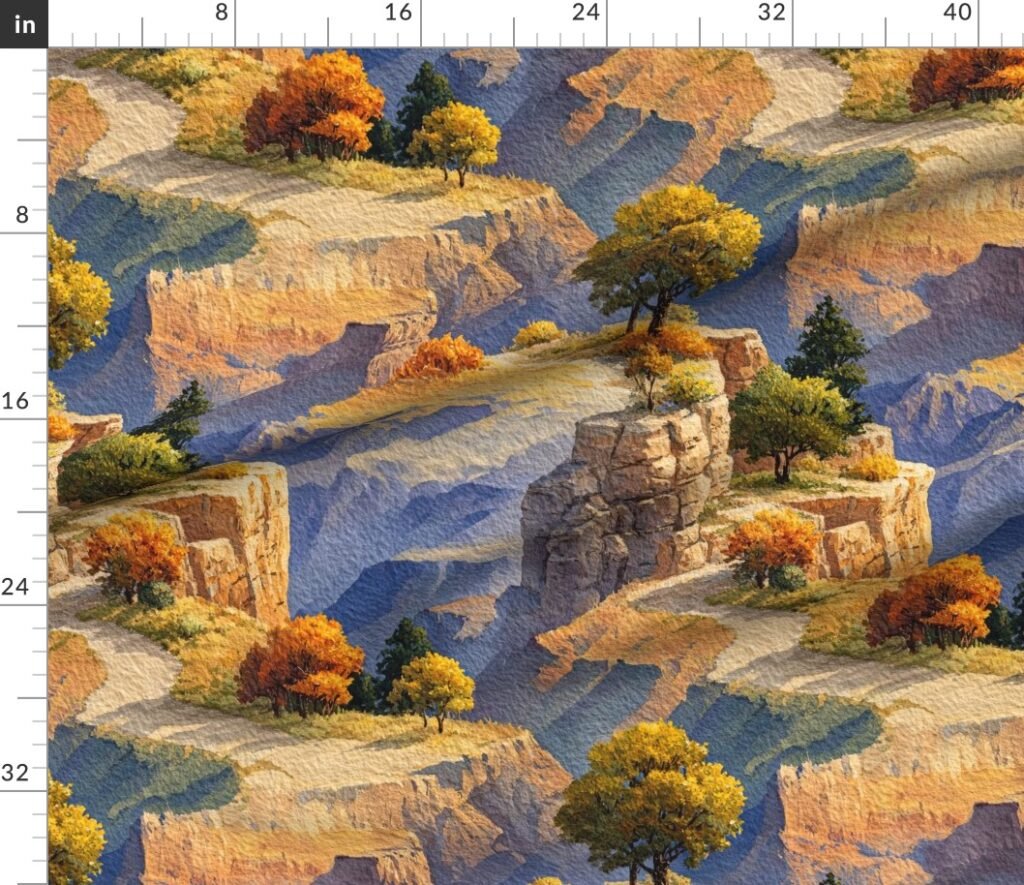 Autumn Glow Over the Grand Canyon Watercolor Landscape Fabric design