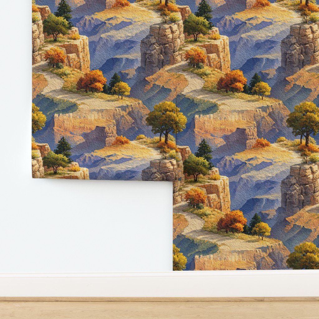 Autumn Glow Over the Grand Canyon Watercolor Landscape Wallpaper design
