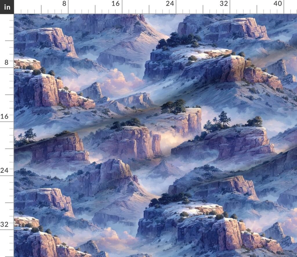Winter Silence Over the Grand Canyon Watercolor Landscape Fabric design