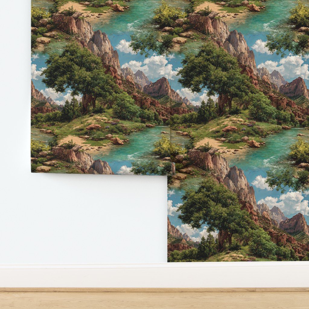 Spring Panorama of Zion Canyon Watercolor Landscape Wallpaper design