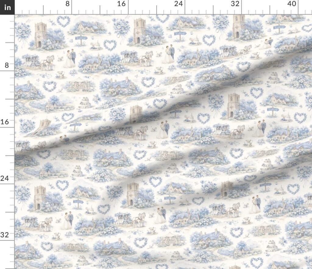 Blue English Village Wedding Toile Watercolor Pattern Fabric design