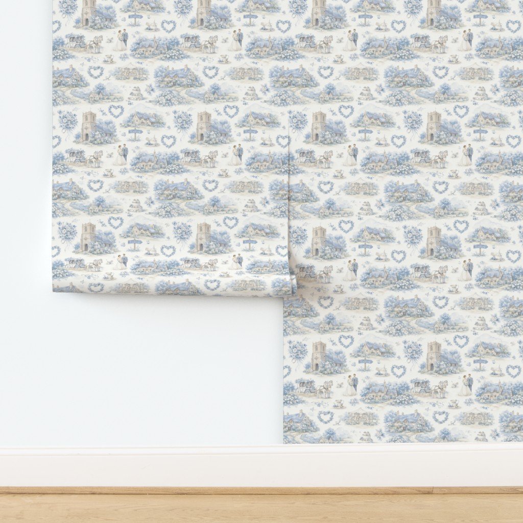 Blue English Village Wedding Toile Watercolor Pattern Wallpaper design