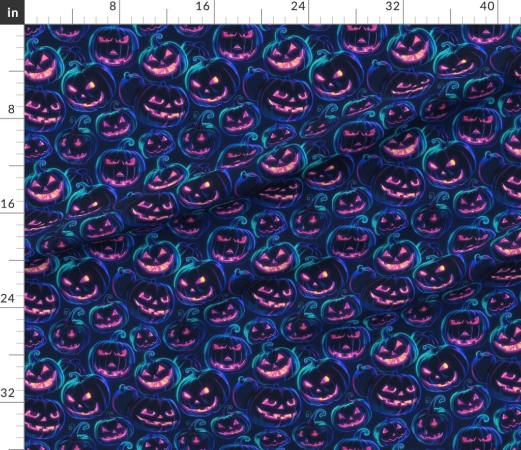 Small Neon Blue Halloween Pumpkins Glowing in the Dark Fabric design