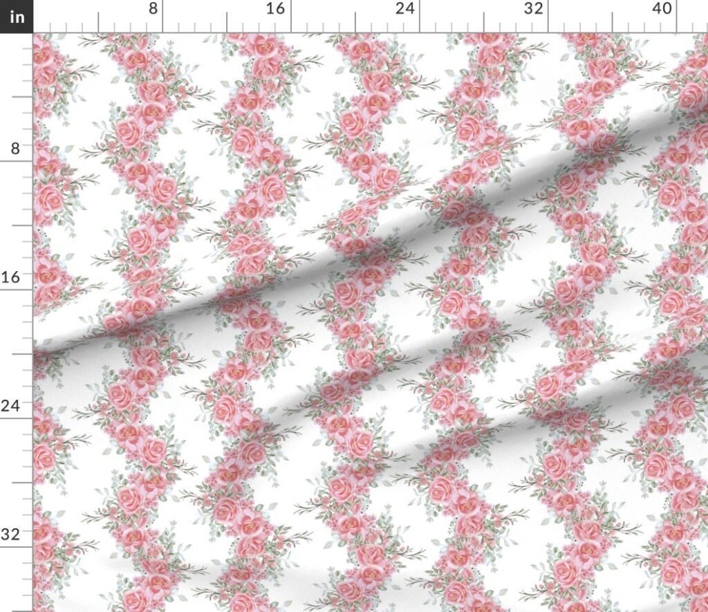 Vintage English Garden Watercolor Soft Pink Rose Stripe Pattern on Whi Fabric design