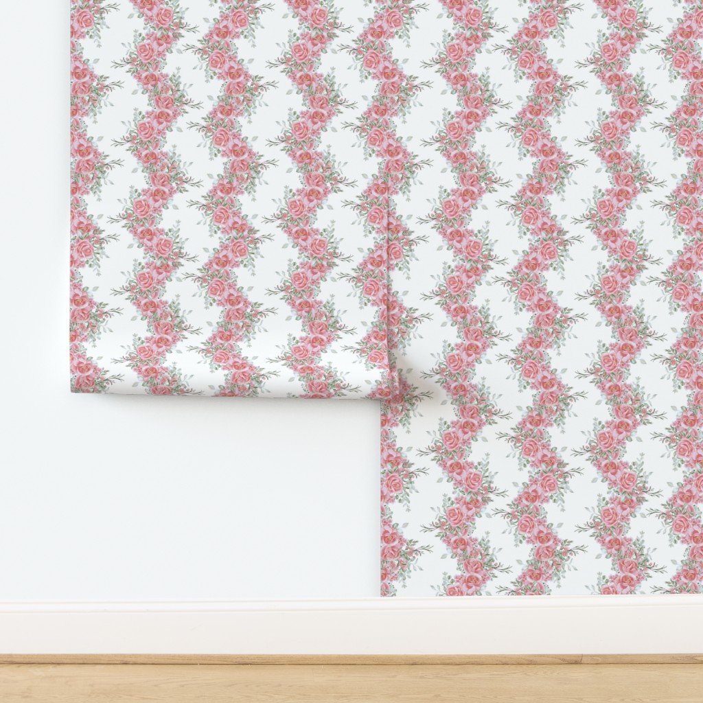 Vintage English Garden Watercolor Soft Pink Rose Stripe Pattern on Whi Wallpaper design