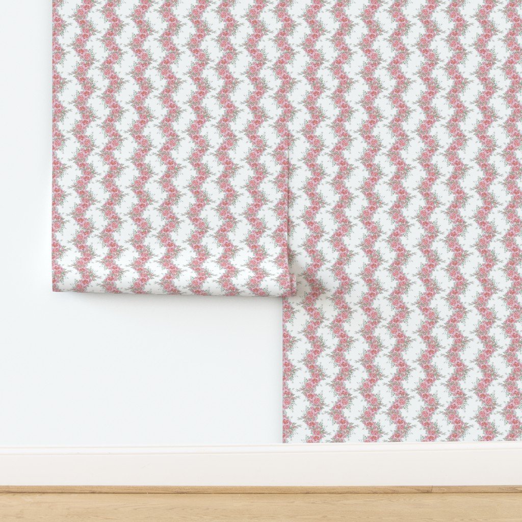 Vintage English Garden Small Soft Pink Rose Stripe Pattern on White Wal Wallpaper design
