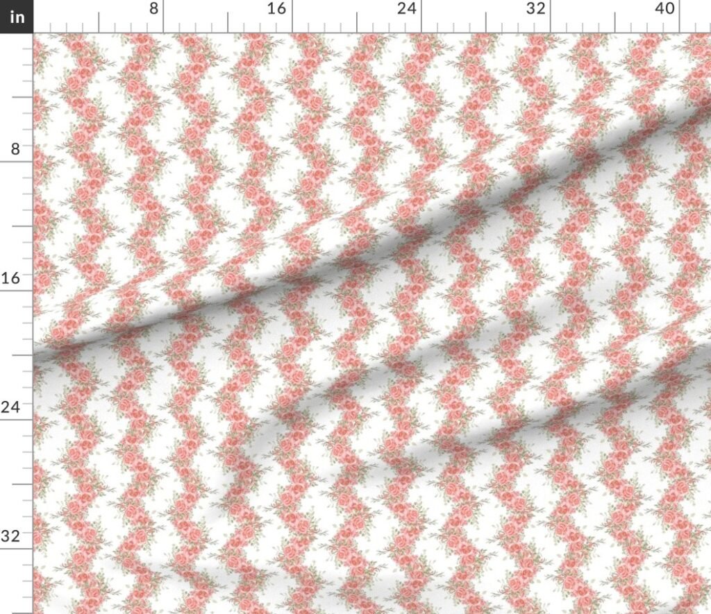 Vintage English Garden Small Coral Pink Rose Stripe Pattern on White Fabric design