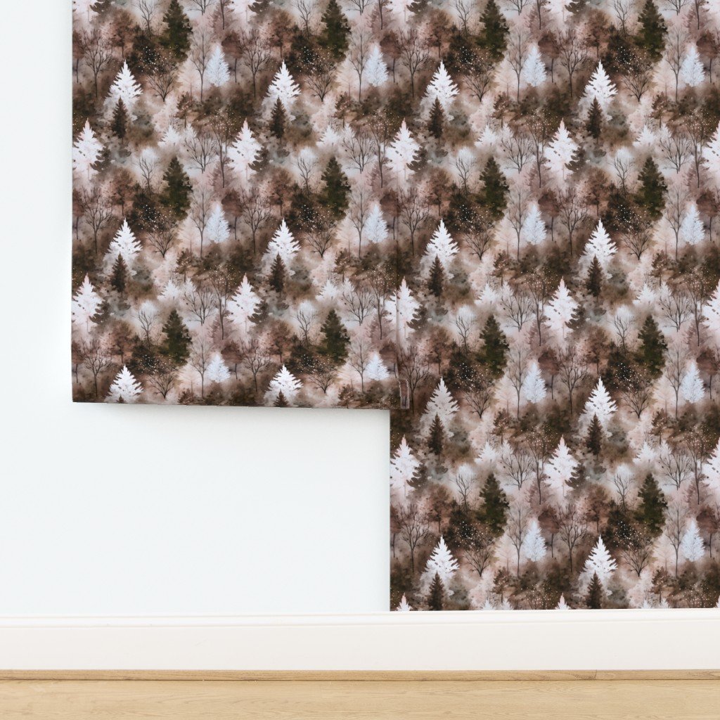 Small Endless Winter Tree Dreamscape Trees in Earthy Misty Forest Wall Wallpaper design