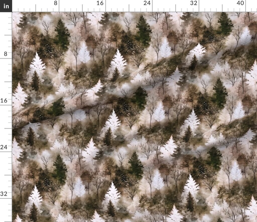 Small Endless Winter Tree Dreamscape Trees in Earthy Misty Forest Fabr Fabric design